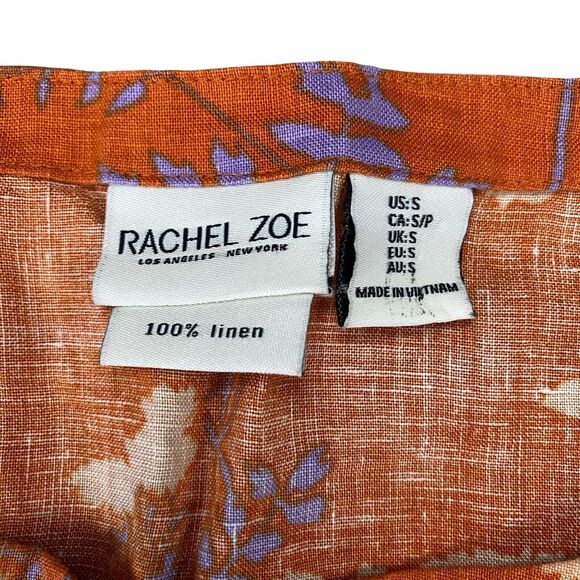 Rachell Zoe 100% Linen Women Top Small Rust/Brown Floral Shirt Flutter Sleeve - Picture 2 of 8